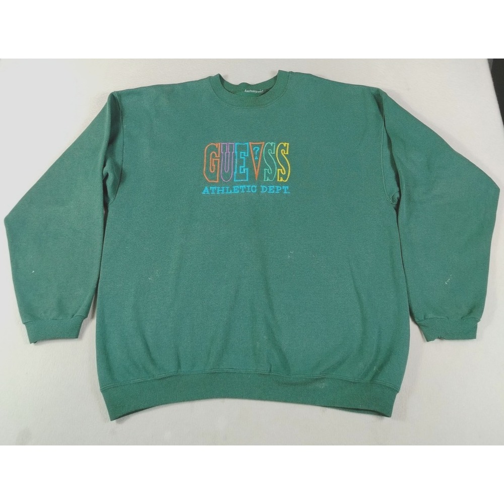 Vintage Guess Sweatshirt Mens XL Green Athletic Dept Crewneck Paint Distressed